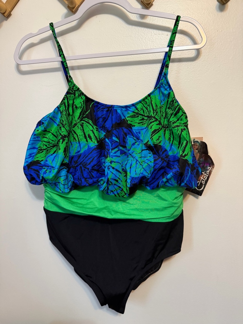 Vintage Catalina 80’s Black and‎ Neon Green Palm Leaf One Piece Swimsuit Size 16